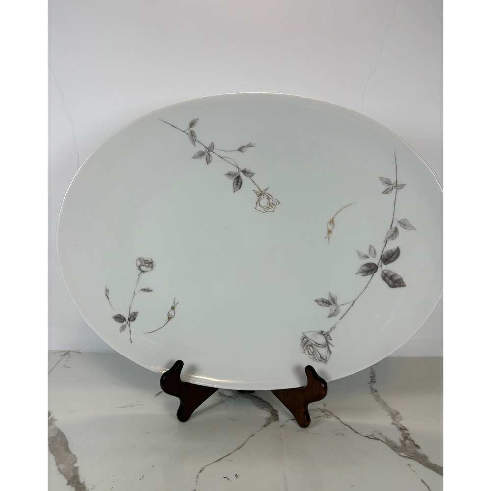 Sango Fine China Lyric Oval Serving Platter Gray Rose Gold Trim 16 Inch Japan